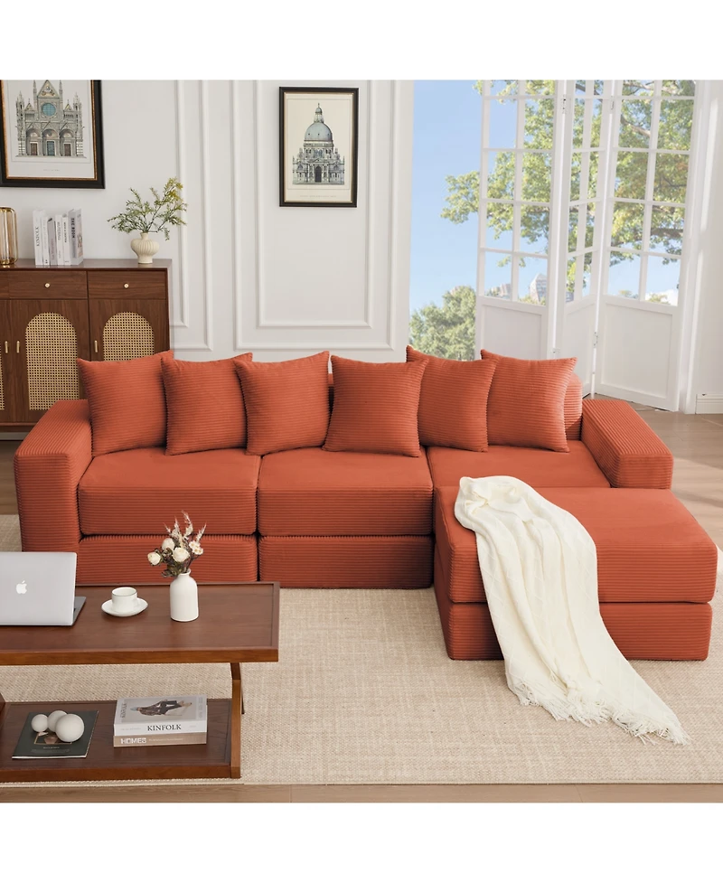 Streamdale Furniture Convertible Corduroy Sectional Sofa with Pillows