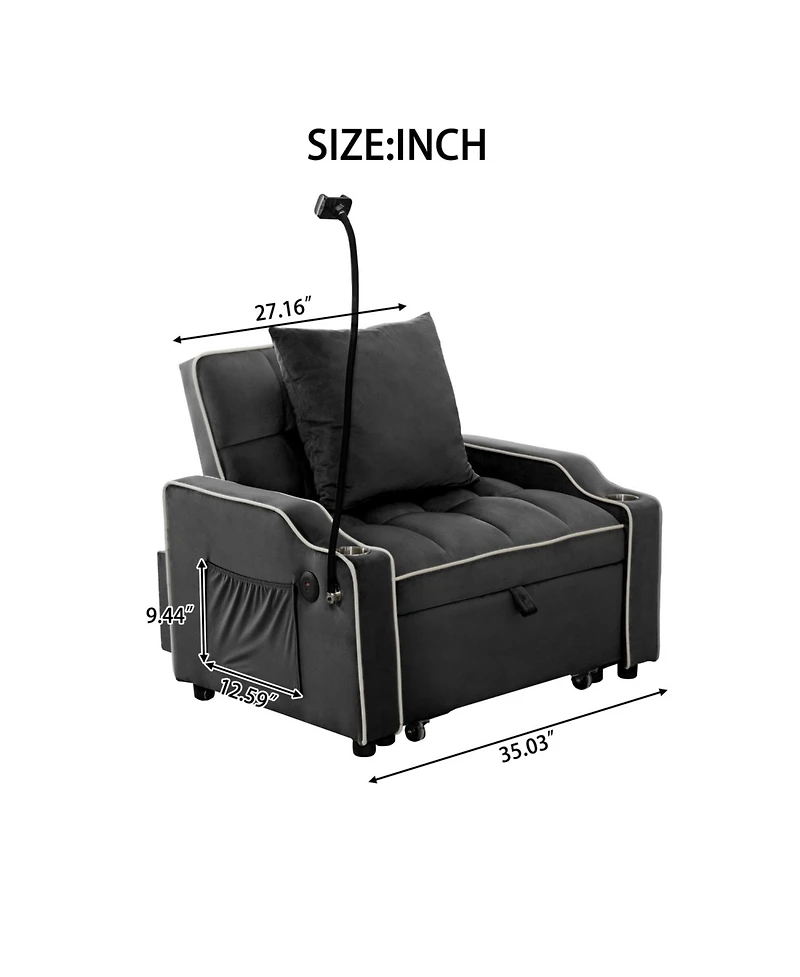 Streamdale Convertible Velvet Futon Sleeper Chair Bed w/ Usb & Phone Holder (Black)