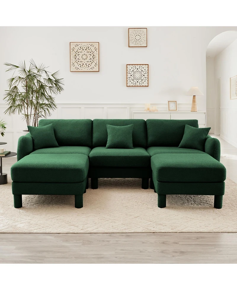 Streamdale Furniture Boucle U-Shape Sectional Sofa with Ottomans, Shell Armrests, Green