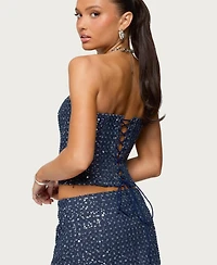 Edikted Women's Sora Sequin Distressed Denim Corset