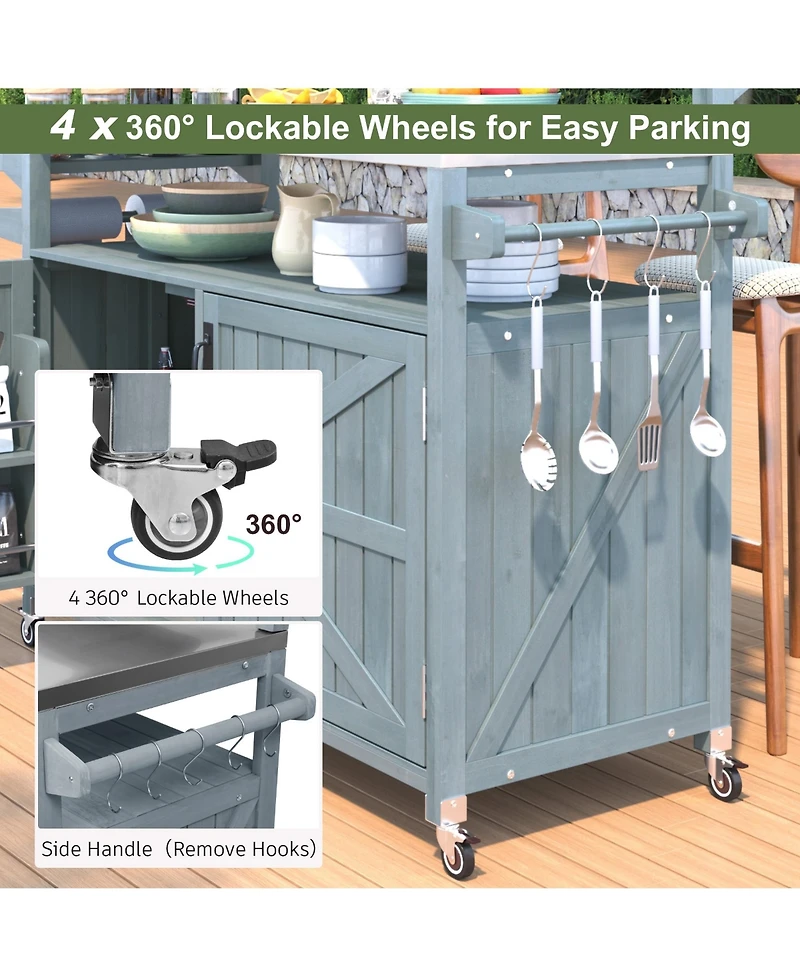 Clihome 53.3" Outdoor Kitchen Island with Raised Shelf, Solid Wood Outdoor Rolling Grill Cart with Internal Storage