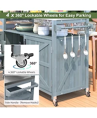 Clihome 53.3" Outdoor Kitchen Island with Raised Shelf, Solid Wood Outdoor Rolling Grill Cart with Internal Storage