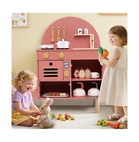 Hongge Wooden Kids Play Kitchen Set with Interactive Cooking Areas and Storage Shelves