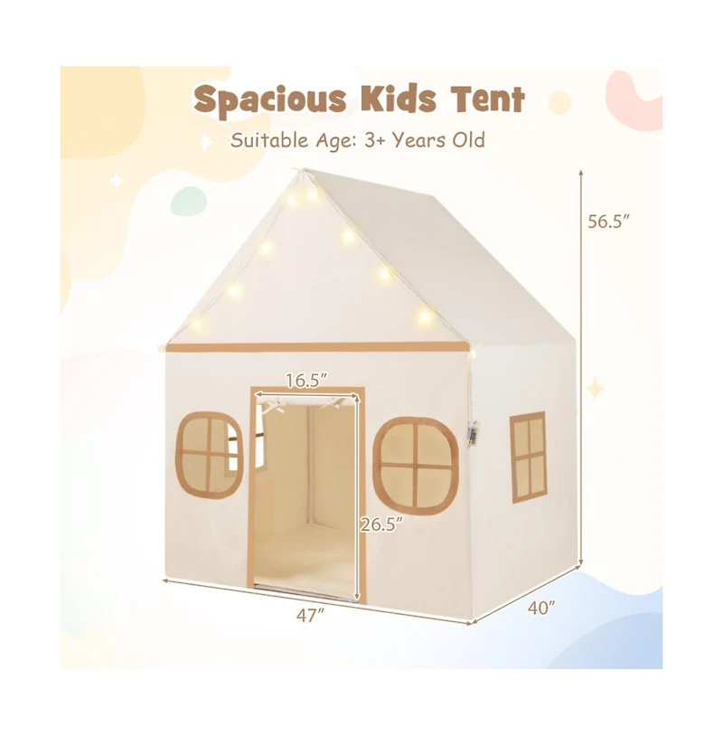 Kids Indoor Play Tent with Windows Star Lights Mat and Storage Pockets