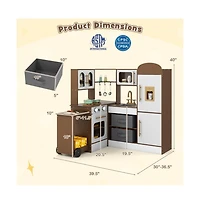 Hongge Kids Corner Wooden Play Kitchen with Lights Sounds Retractable Countertop and Storage