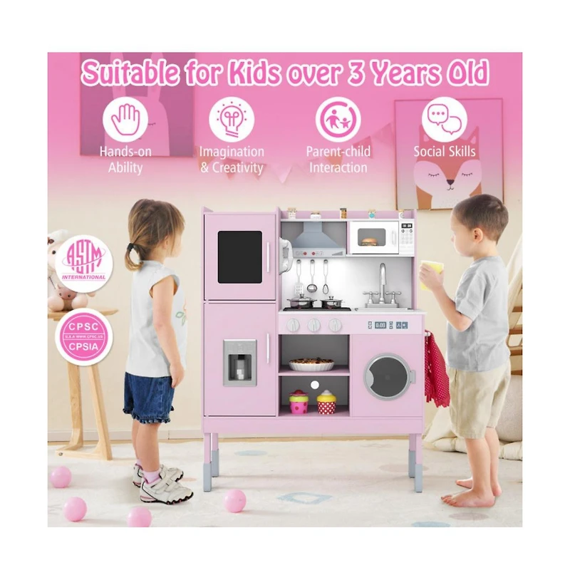 Hongge Kids Play Kitchen with Range Hood Ice Maker and Telephone