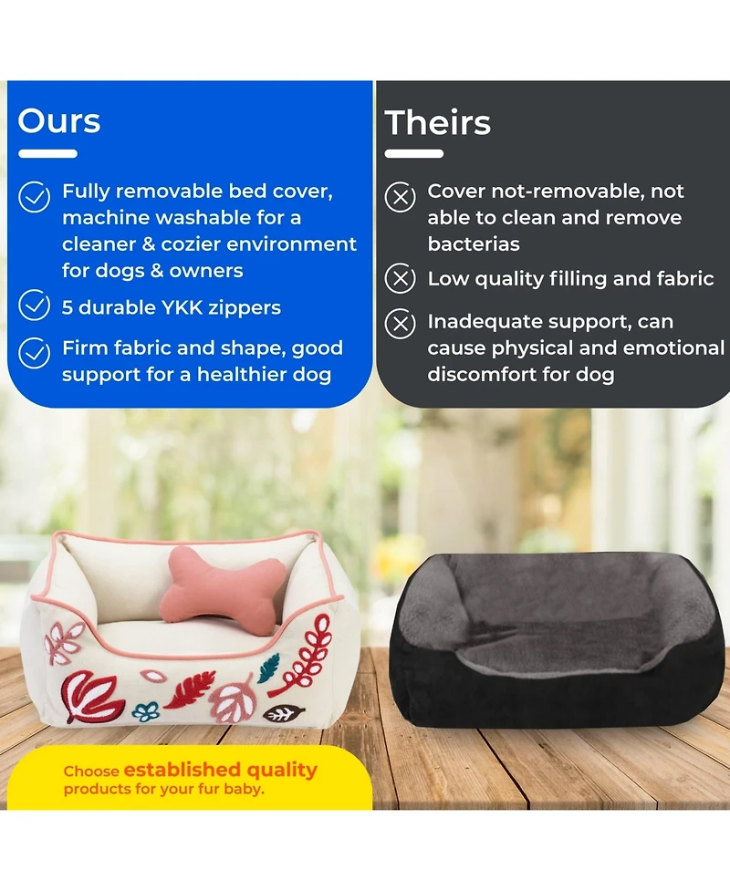 Blueberry Pet Plush Chenille-Embroidered Linen Dog Bed, Removable Washable Cover, with Squeaky Pillow Baby Pink