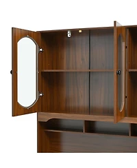 Streamdale Furniture 47" Retro Desk with Hutch, Charging, Drawers & Glass-Door Bookshelf, Walnut
