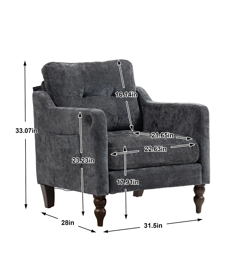 Streamdale Furniture Accent Chenille Chair w/ Usb Ergonomic Back Storage