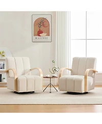 Streamdale Furniture 30.7" Swivel Accent Chair - Channel Tufted, Wood Armrests - Beige