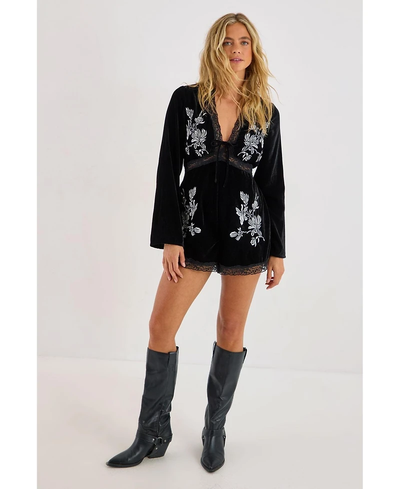 Nasty Gal Women's Velvet Embroidered Lace Trim Romper
