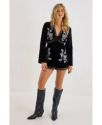Nasty Gal Women's Velvet Embroidered Lace Trim Romper