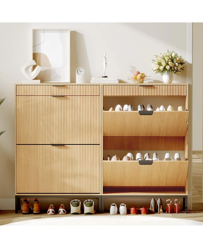 gaomon Fluted Shoe Storage Cabinet, Narrow Shoe Organizer with 2 Flip Drawers