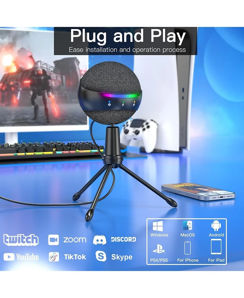 ZealSound Rgb Usb Microphone for iPhone Pc Gaming Noise Cancellation Touch Mute Echo Volume Gain Monitor for Podcast Zoom YouTube Streaming