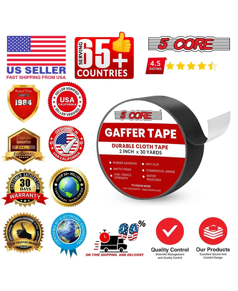 5 Core Gaffers Tape 2" 30 Yards 4Pcs No Residue Water Resistant Matte Heavy Duty