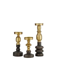 Danya B Nara Antique Brass and Vintage Wood Taper Candle Holders - Set of 3