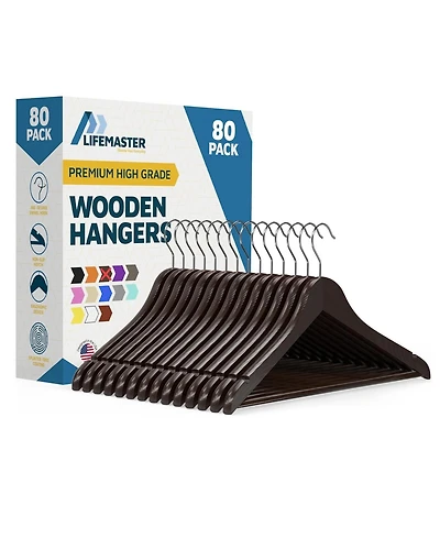 Lifemaster 80-pack brown wooden hangers with 360° swivel hook, non-slip notches, and pants bar. Supports up to 10 lbs—ideal for suits, dre