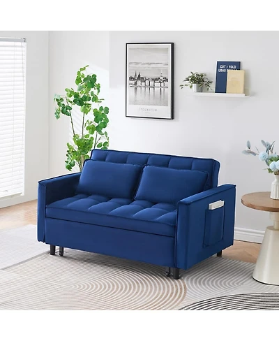 Maison Boucle 55 Inch Pull Out Sleeper Loveseat Sofa Bed, Convertible Velvet Couch with Pillows and Side Storage Pockets