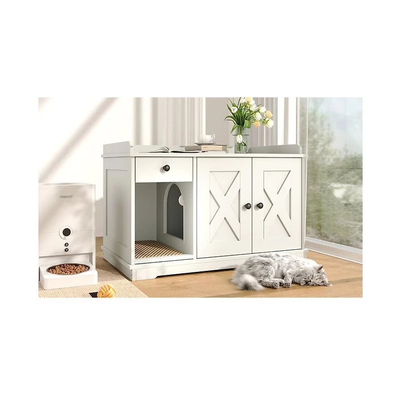 Zeus & Ruta White Farmhouse Cat Litter Box Enclosure with Storage