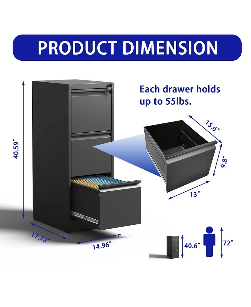 Boyel Living 3 Drawer Metal Vertical File Cabinet with Lock Office Home Steel Vertical File Cabinet for A4 Legal/Letter Size
