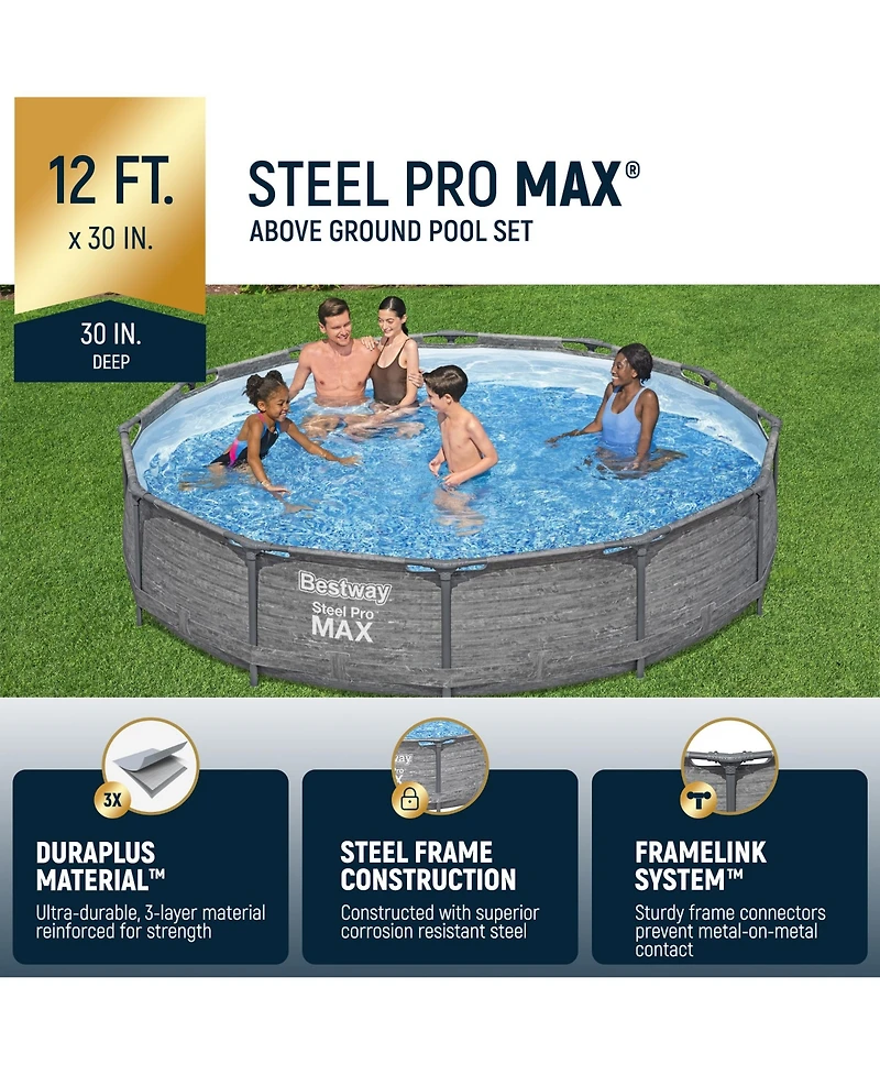 Bestway Steel Pro Max 12' x 30" Above Ground Outdoor Swimming Pool Set, Gray