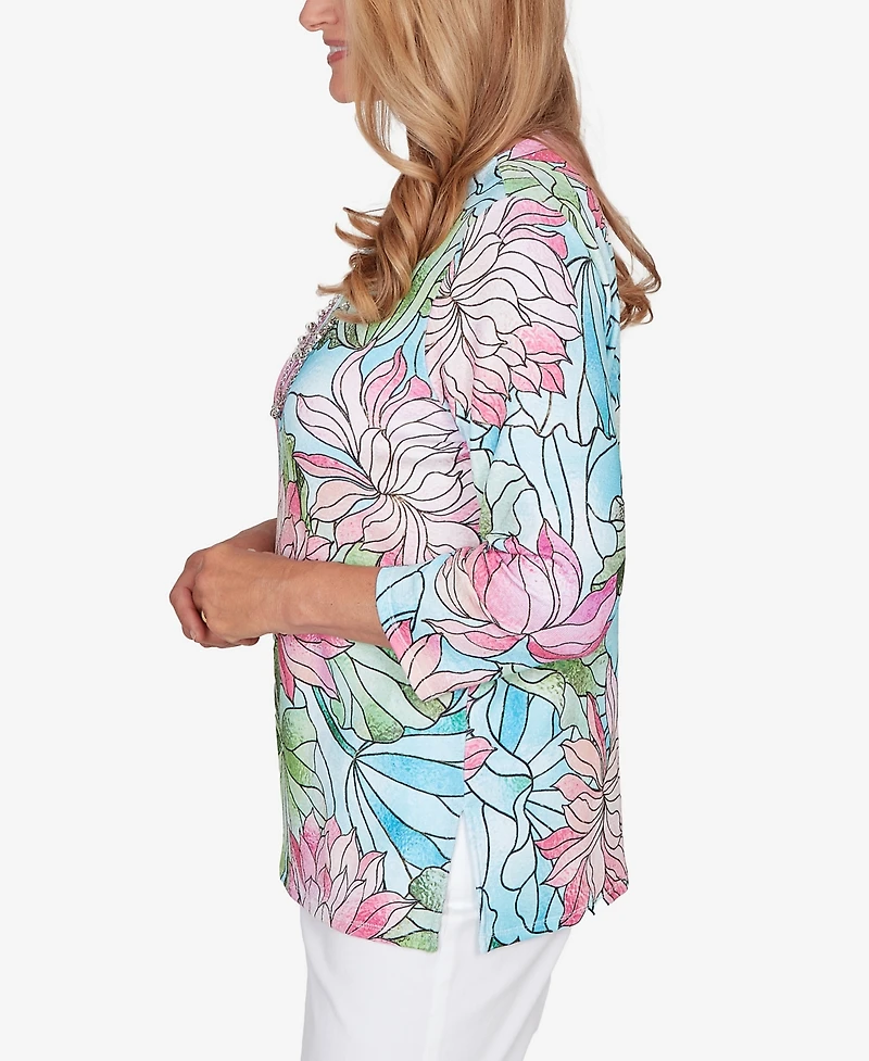 Alfred Dunner Petite Classic Stained Glass Floral Print Top with Necklace