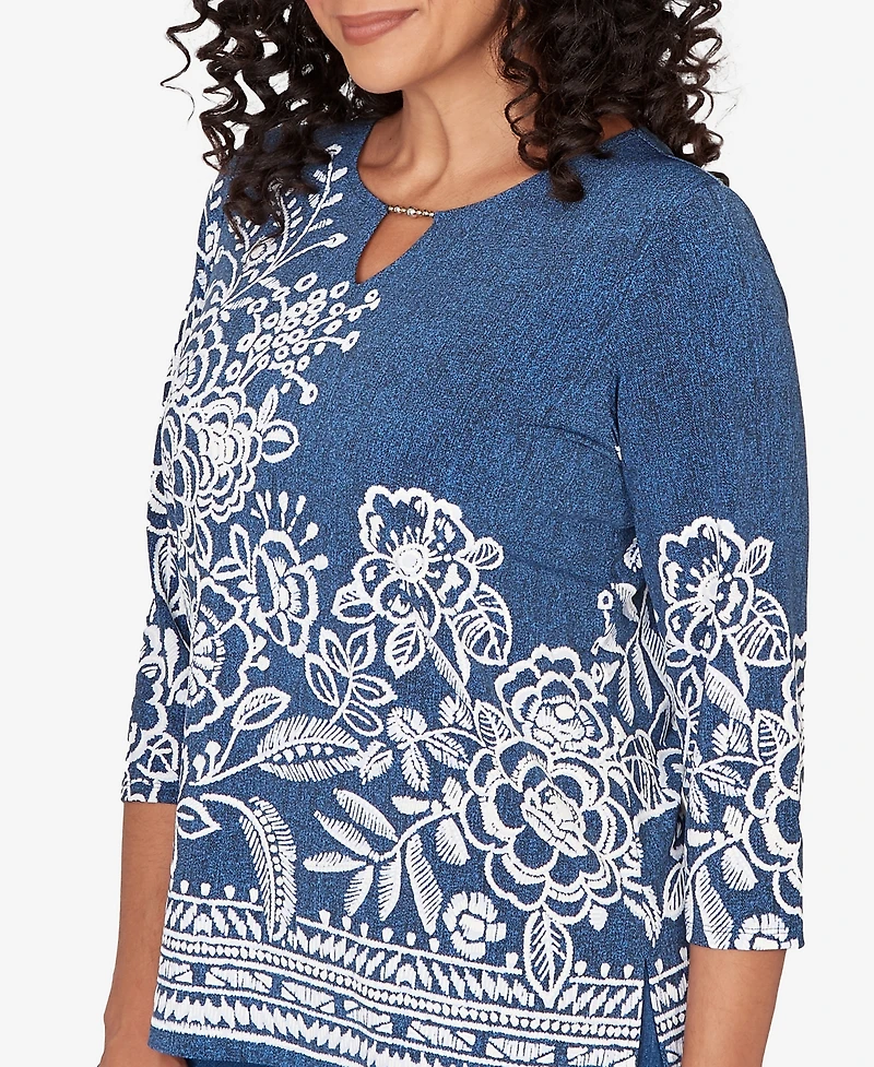 Alfred Dunner Petite Classic Floral Border Embroidered Split Neck Top