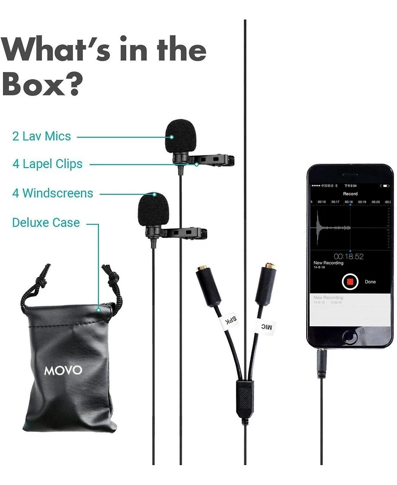 Movo Executive Lavalier Clip-on Interview Microphone with Secondary Mic & Headphone Monitoring Input for Smartphones/Tablets