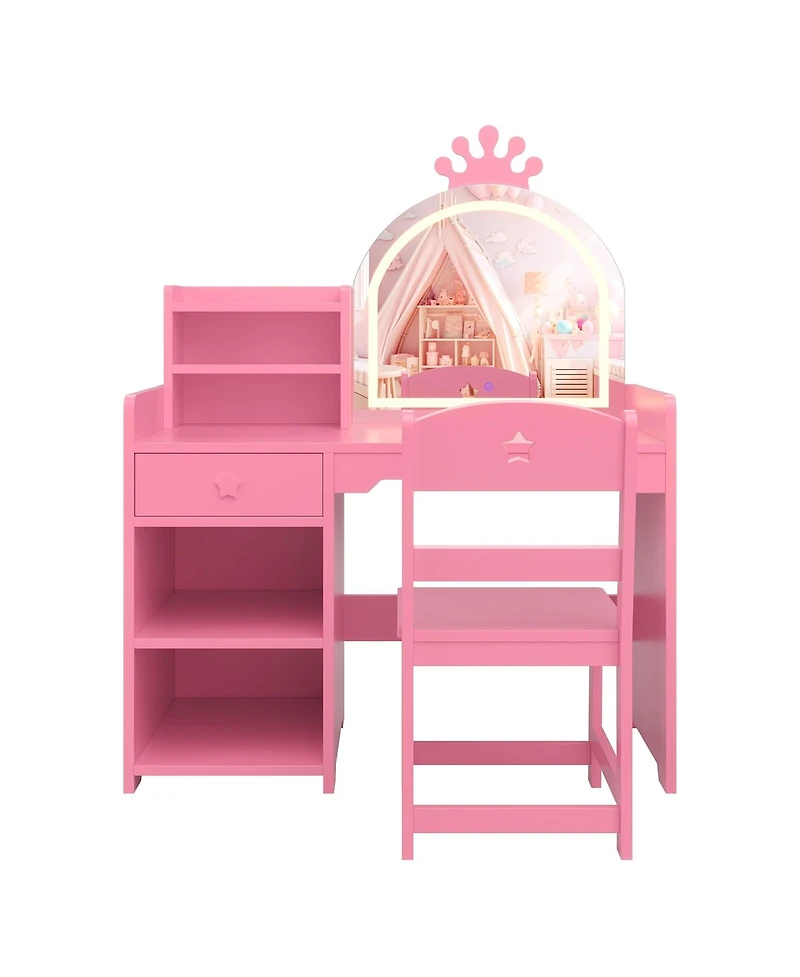 "Gaomon Kids Vanity Table & Chair Set with Mirror, Lights, Drawer & Shelves – White Wooden Makeup Desk for Little Girls Bedroom"