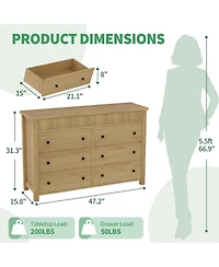 gaomon 6-Drawer Farmhouse Dresser Bedroom Wooden Chest of Drawers, Fluted Tv Stand Storage Cabinet for Living Room, Hallway, Office, Natural