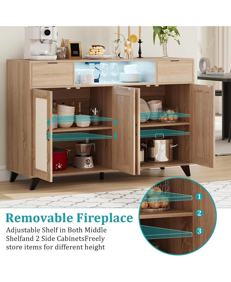 gaomon Rattan Sideboard Buffet Cabinet, 4 Doors 2 Drawers, Built-in Power Outlet, Adjustable Shelves, Kitchen, Dining Room, Black