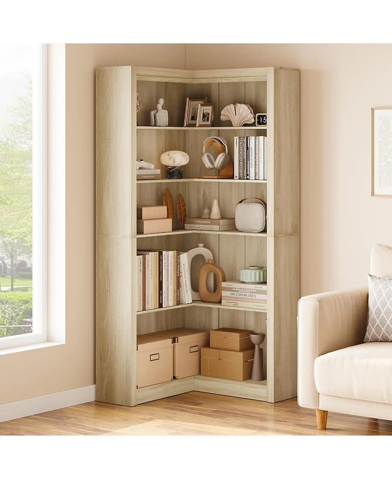 gaomon 5-Tier Farmhouse Corner Bookcase, 71.8" L-Shaped Wood Display Shelf with Storage, Living Room, Home Office