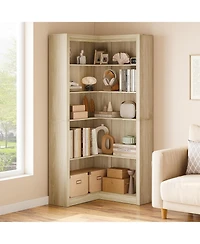 gaomon 5-Tier Farmhouse Corner Bookcase, 71.8" L-Shaped Wood Display Shelf with Storage, Living Room, Home Office