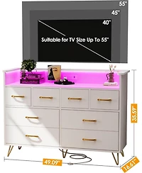 gaomon 8-Drawer Modern Dresser with Led Light & Charging Station, Wooden Chest, Open Shelf, Bedroom, Living Room