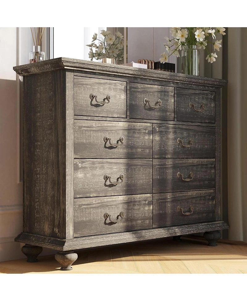 Gaomon Rustic Grey 9-Drawer Bedroom Dresser, 37.8" Tall Wood Chest with Wide Drawers & Carved Metal Handles, Sturdy Organizer for Living Room Hal