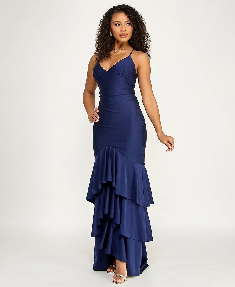 Katia Rae Juniors' V-Neck Ruffled Tie-Back Gown