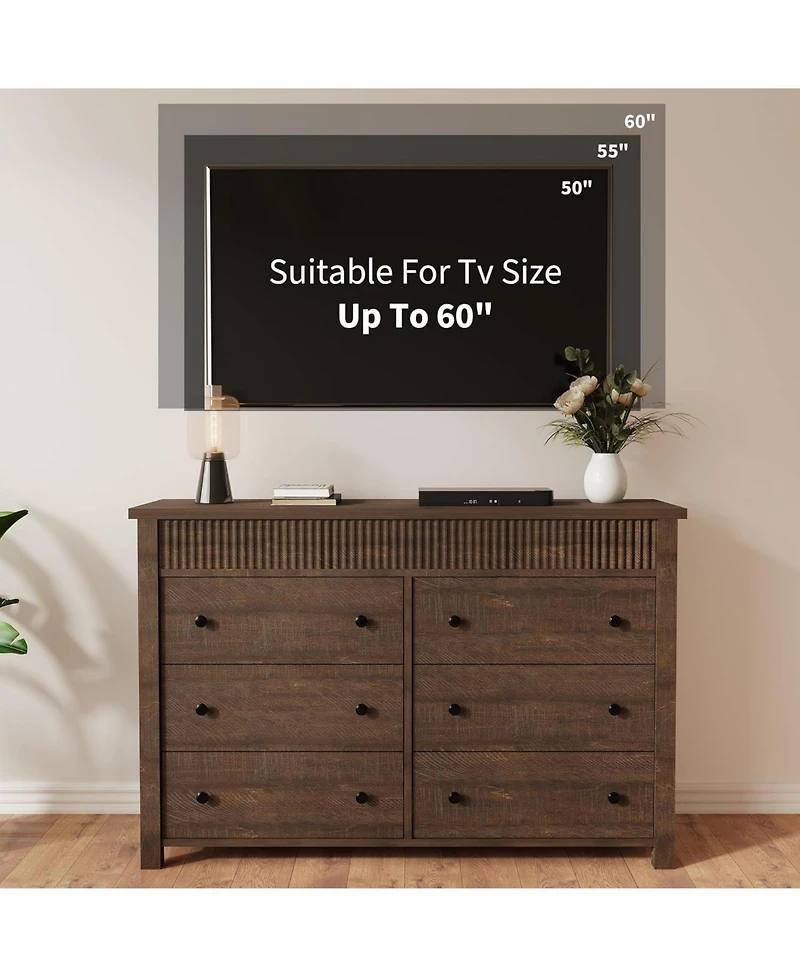 gaomon 6-Drawer Farmhouse Dresser Bedroom Wooden Chest of Drawers, Fluted Tv Stand Storage Cabinet for Living Room, Hallway, Office