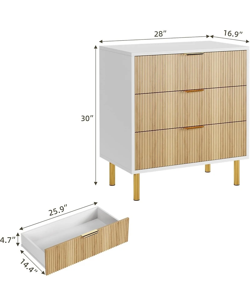 gaomon 3-Drawer Modern Dresser, 30" Tall, Fluted Chest with Gold Handles, Anti-Tip Device, Bedroom, Living Room, Kids Room