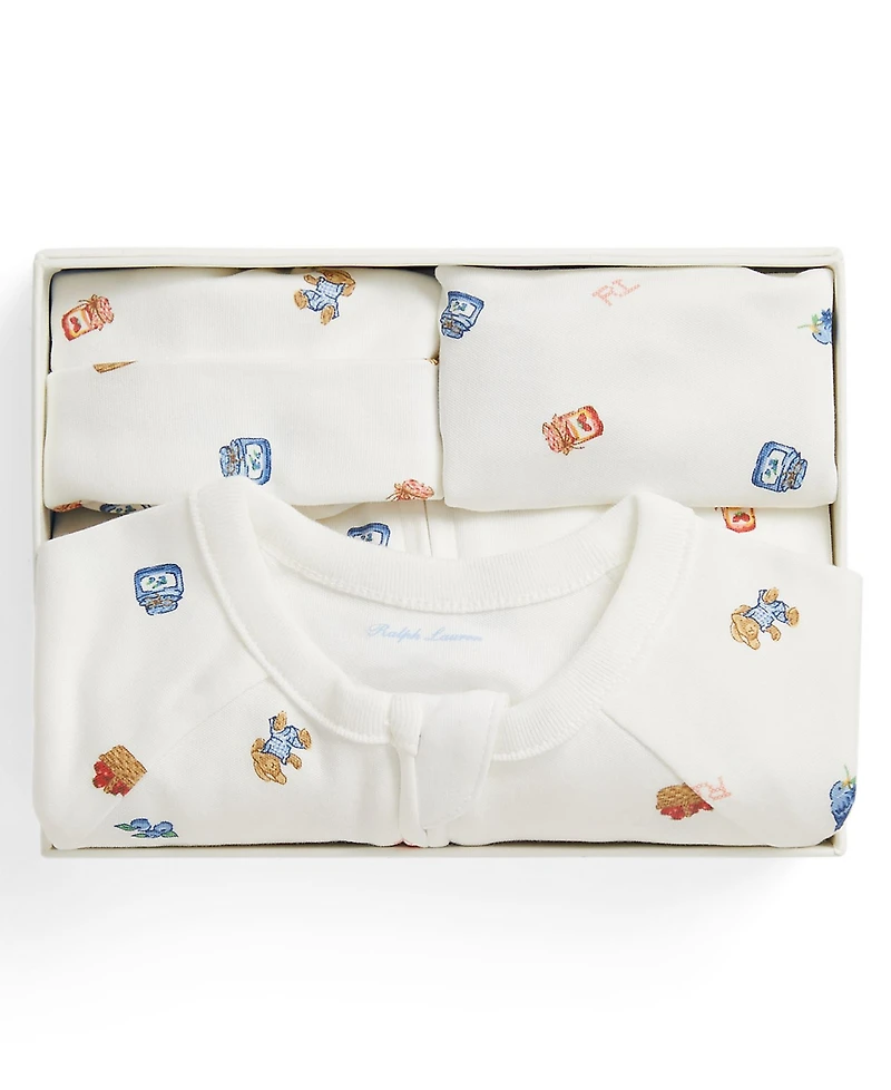 Polo Ralph Lauren Baby Girls' Bear Footed Coverall, Beanie Hat and Bib, 3-Piece Gift Set