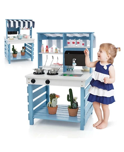 Costway 2-In-1 Wooden Mud Kitchen with Canopy Removable Sink Water Box Faucet Sound Effect