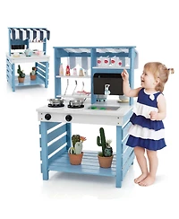 Costway 2-In-1 Wooden Mud Kitchen with Canopy Removable Sink Water Box Faucet Sound Effect