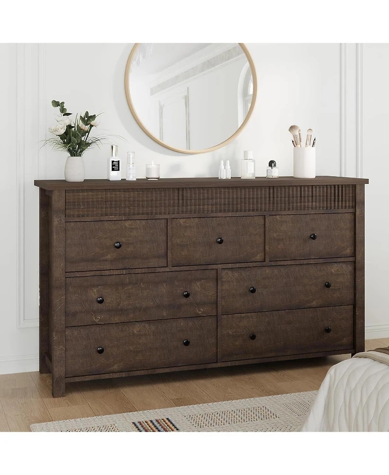 gaomon 7-Drawer Farmhouse Dresser Bedroom Wooden Chest, Fluted Tv Stand Storage Organizer for Living, Home Office