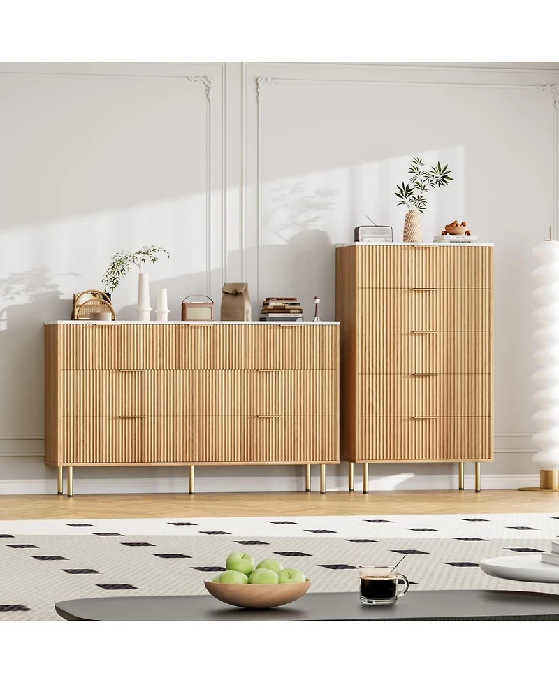 gaomon 5-Drawer Natural Tall Dresser, 47.9" Wood Chest, Modern Storage Cabinet with Metal Handle for Bedroom, Closet, Entryway