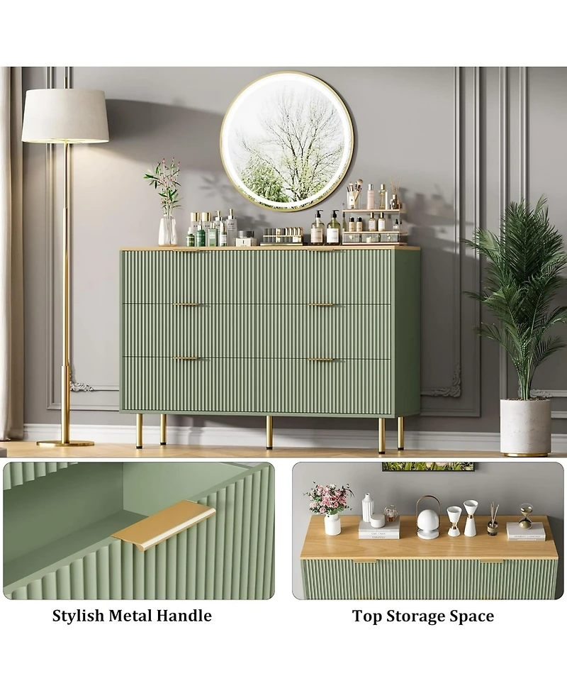 gaomon 6-Drawer Modern Fluted Wood Dresser with Gold Handle, Large Storage Organizer for Bedroom, Living Room, Hallway, Green