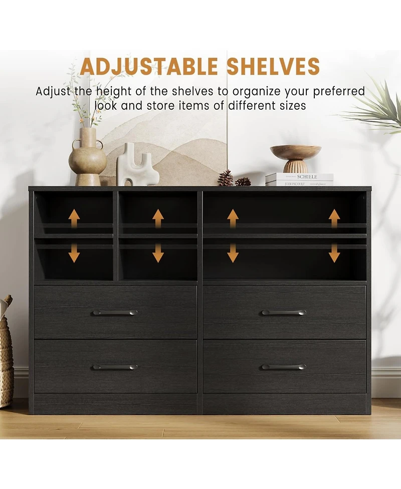 gaomon 4-Drawer Black Bedroom Dresser, 6 Open Shelves, Modern Tv Stand, Space-Saving Cabinet for Living Room