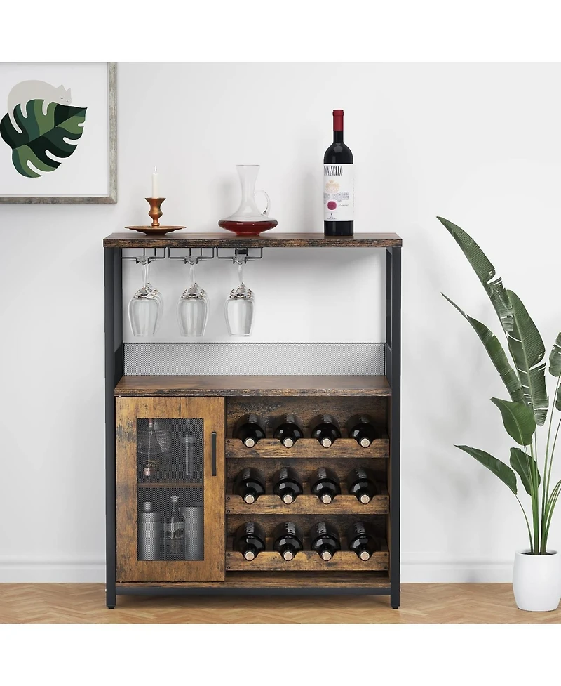 gaomon Farmhouse Wine Bar Cabinet with Detachable Wine Rack, Glass Holder, Mesh Door, Adjustable Feet, Living Room