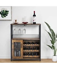 gaomon Farmhouse Wine Bar Cabinet with Detachable Wine Rack, Glass Holder, Mesh Door, Adjustable Feet, Living Room
