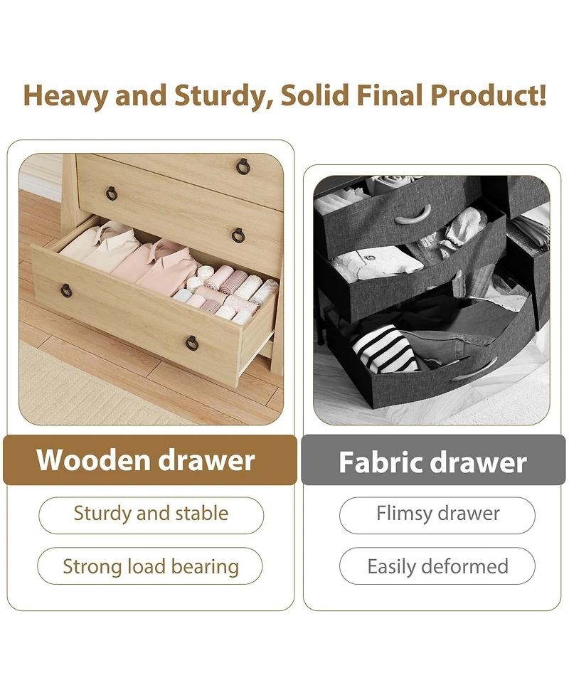 gaomon 3-Drawer Modern Wood Dresser Bedroom Chest with Black Metal Ring Pull Handles, Storage Cabinet for Living Room, Entryway, Natural Oak