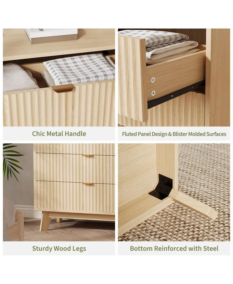 gaomon 3-Drawer Mid Century Modern Dresser with Tall Fluted Waveform Drawers, Wood Organizer for Bedroom, Living Room, Hallway