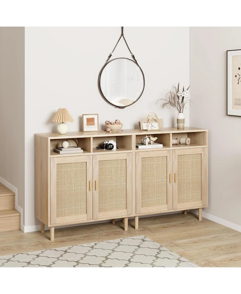 gaomon 2 Sets Rattan Sideboard Cabinet with 2 Doors & Shelf, Modern Boho Farmhouse Buffet Storage, Coffee Bar, Natural